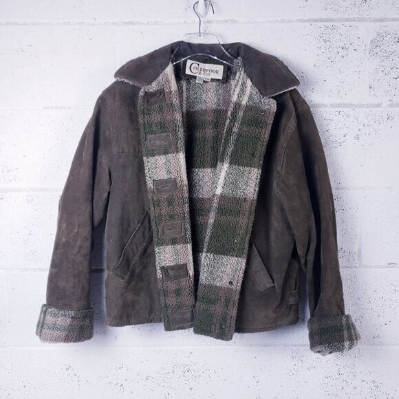 Colebrook & Co. Leather Suede Plaid Sherpa Lined Jacket Green Womens Large - Picture 3 of 13